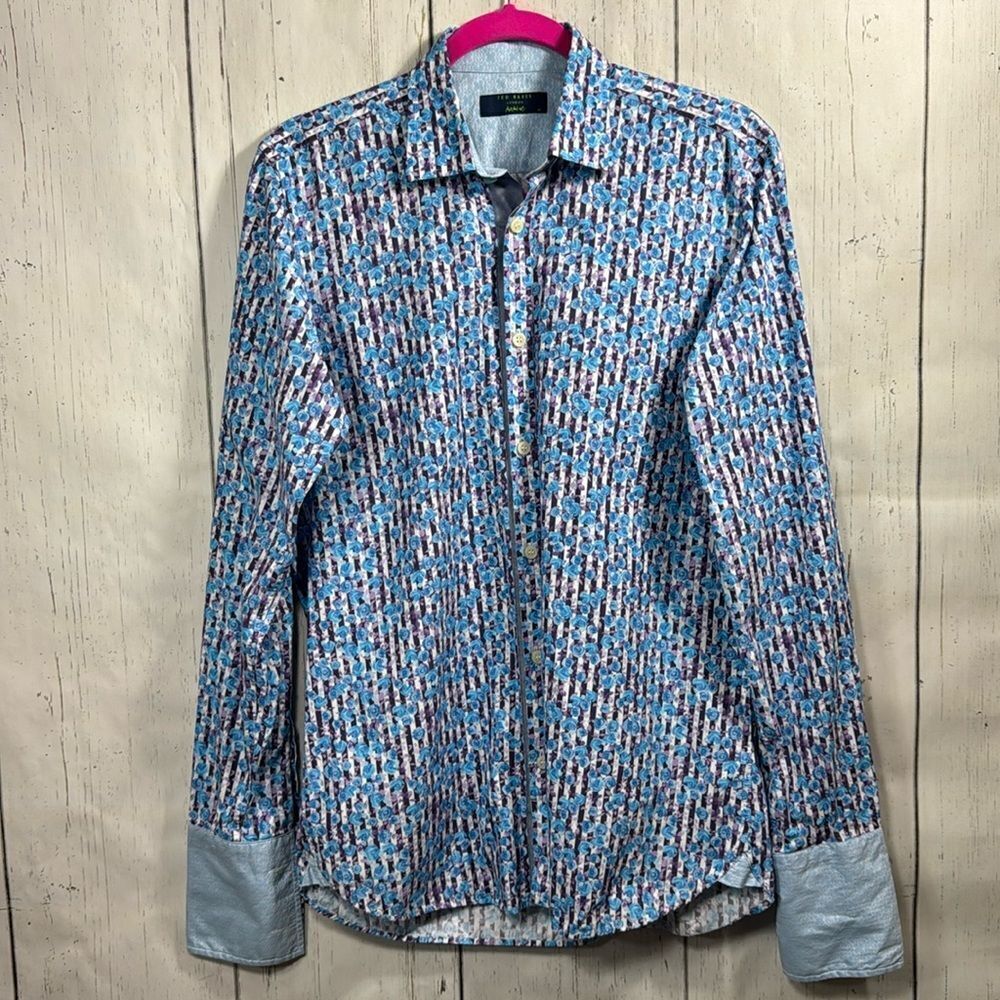 Ted Baker Mens Floral Stripes Blue Flip Cuffs Long Sleeve Button Down Shirt